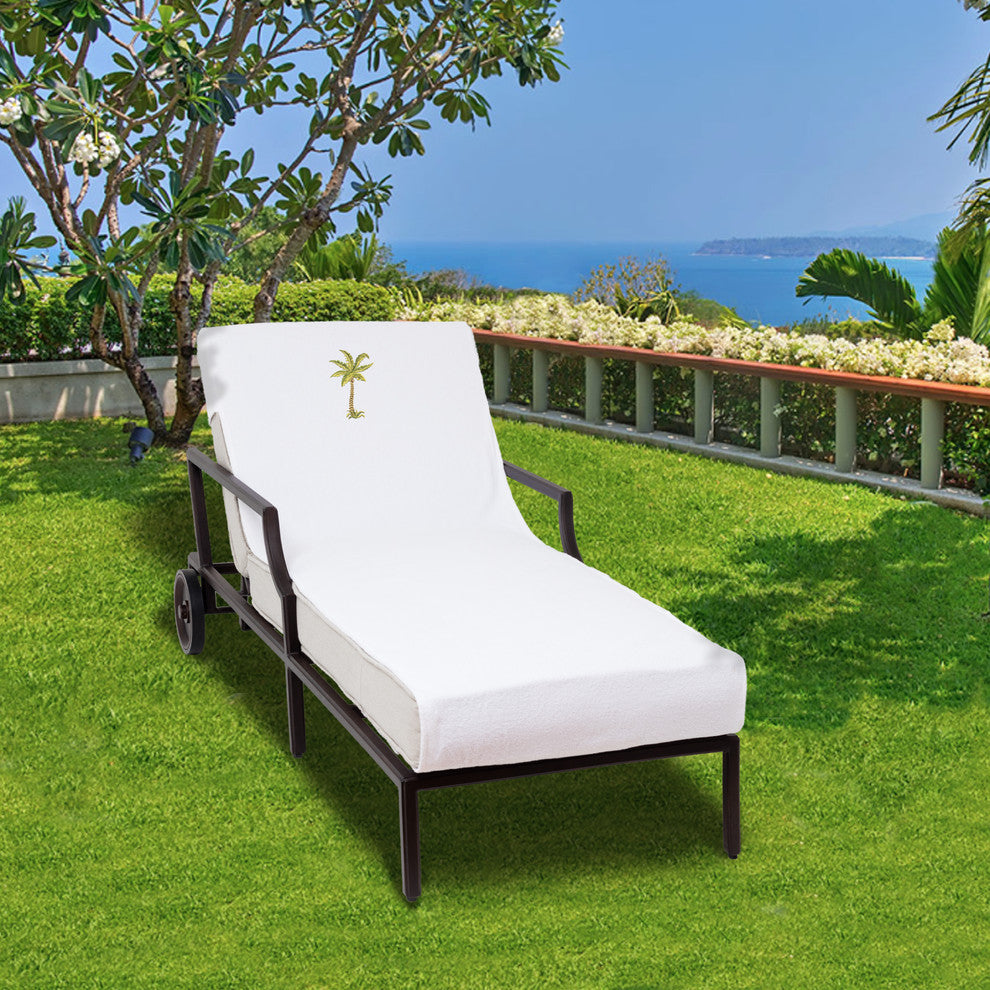 Palm Tree Embroidered Standard Size Chaise Lounge Cover, White