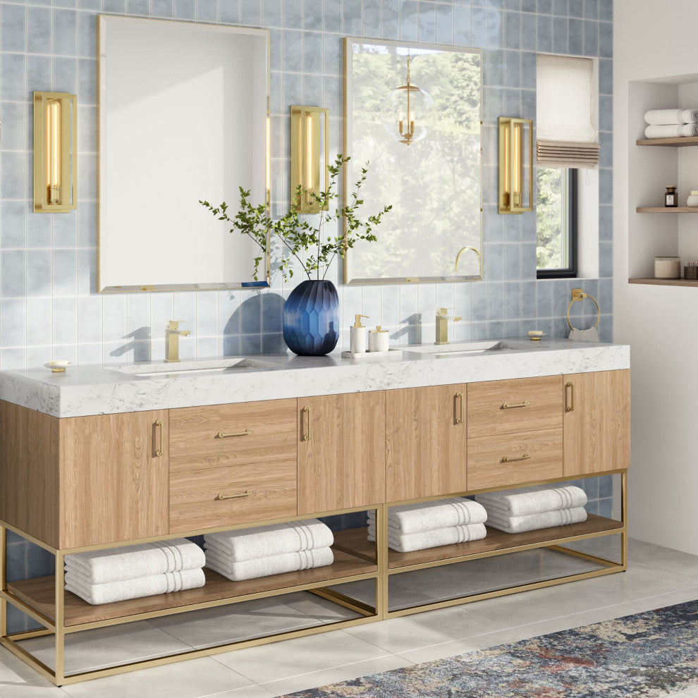 Bahia Bath Vanity, Oak, 84", Brushed Gold Hardware, Double, Freestanding