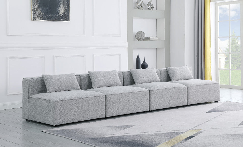 Cube Upholstered Modular Sofa, Gray, 4-Piece: 4 Armless Chair, Linen Texured Fabric
