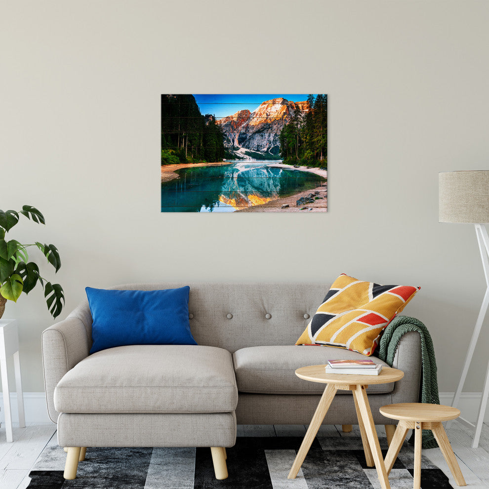 Faux Wood Misty Lake and Snow-cap Mountain Reflections Canvas Prints, 24" X 36"