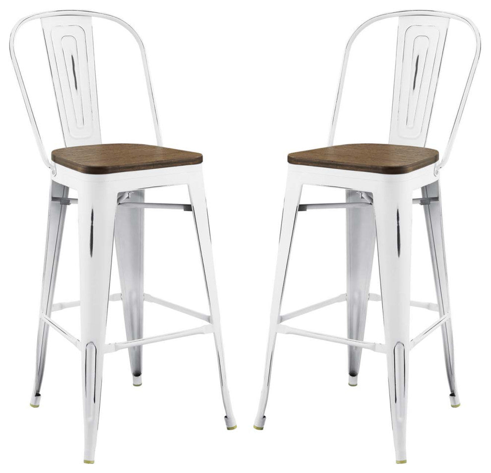 Bar Stool Chair Barstool, Set of 2, Wood, Metal, White, Modern, Bar Pub Bistro