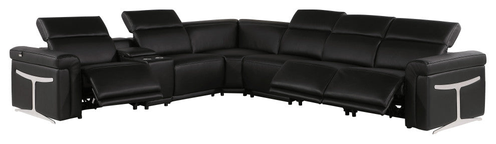 Giovanni 7-Piece 3-Power Reclining Italian Leather Sectional, Black