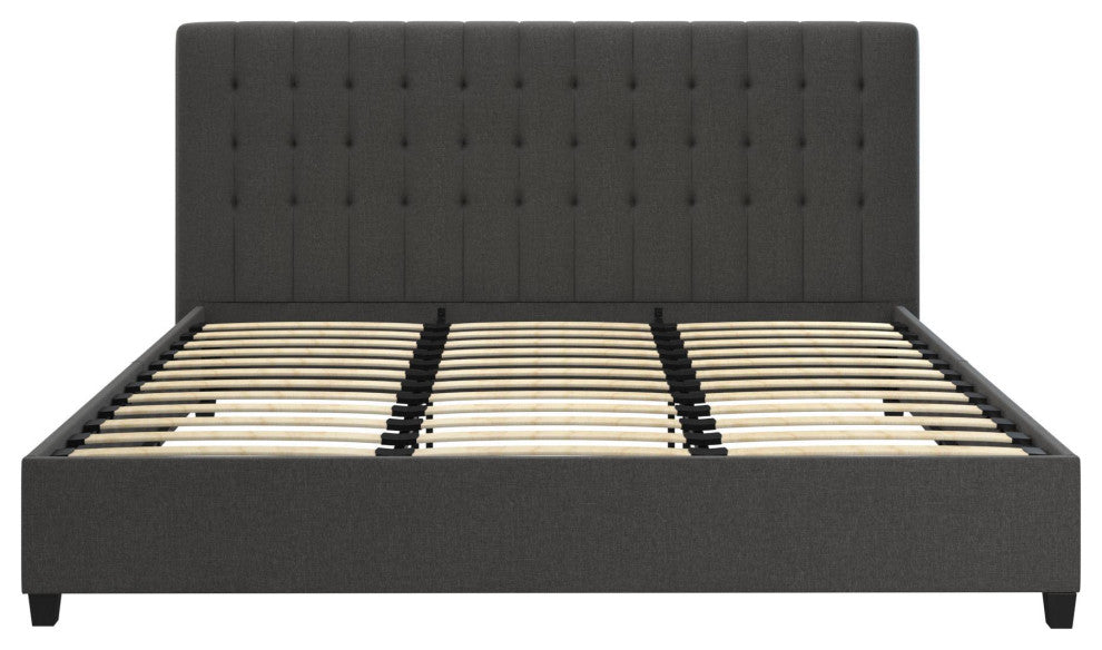 King Platform Bed, Bentwood Slats & Tufted Linen Upholstered Headboard, Gray