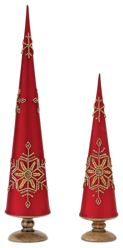 Cone Pine Tree With Beaded Snowflake, Set of 2