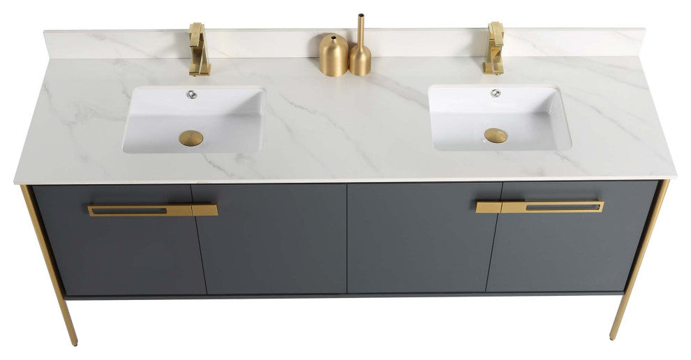 Oakville Bath Vanity, Ceramic Sink, Onix Grey, 72 Inch, Satin Brass Hardware