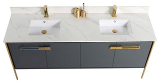 Oakville Bath Vanity, Ceramic Sink, Onix Grey, 72 Inch, Satin Brass Hardware
