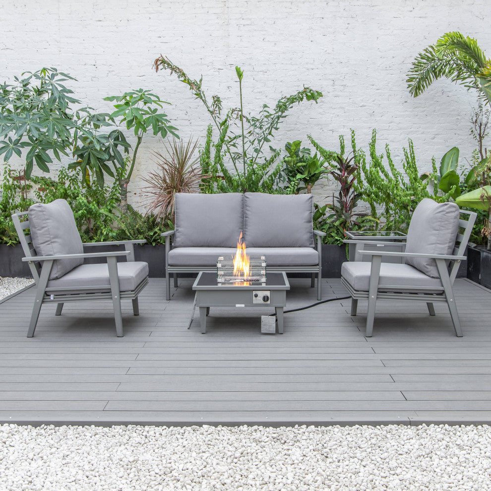 LeisureMod Walbrooke Grey Patio Sofa Set With Square Fire Pit Table, Grey
