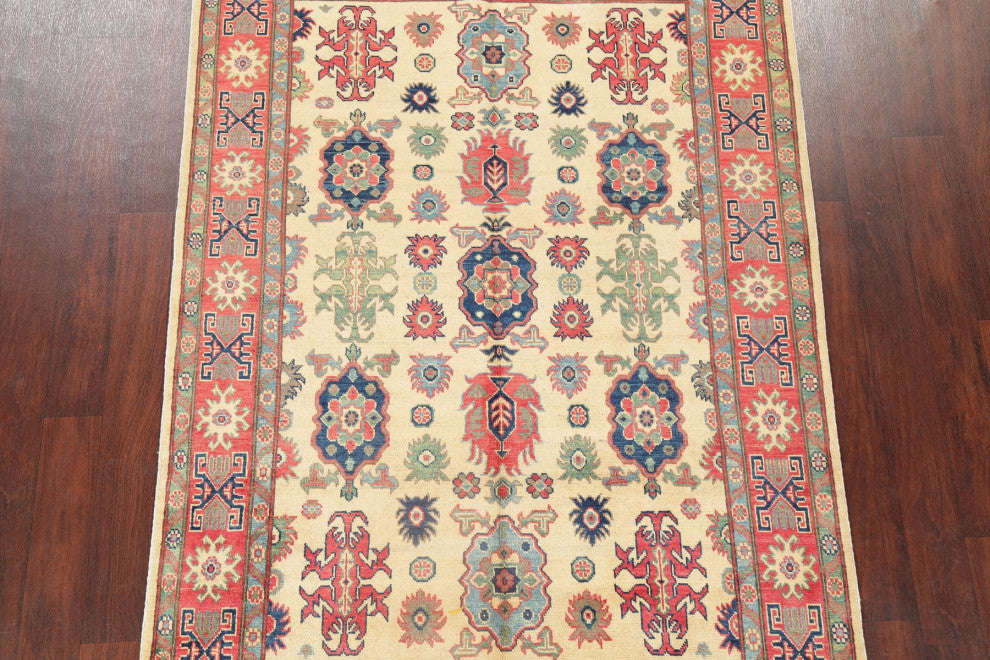 Hand Made Kazak Oriental Traditional Pakistani Area Rug, Beige, 7'5"x5'0