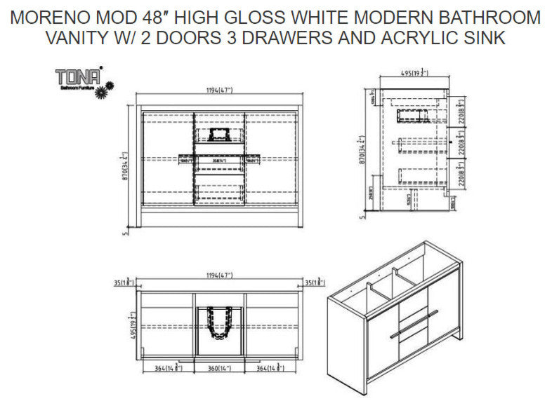 MOD 48" Free Standing Modern Bathroom Vanity, High Gloss White