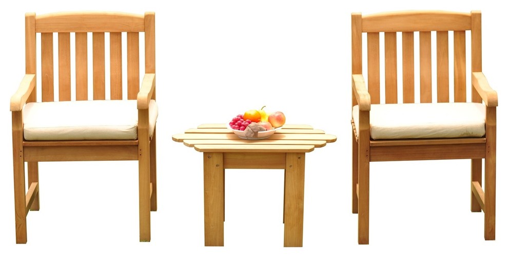 3 PC Outdoor Patio Teak Dining Set: 27.5" Adirondack Side Tbl+2 Devon Arm Chairs