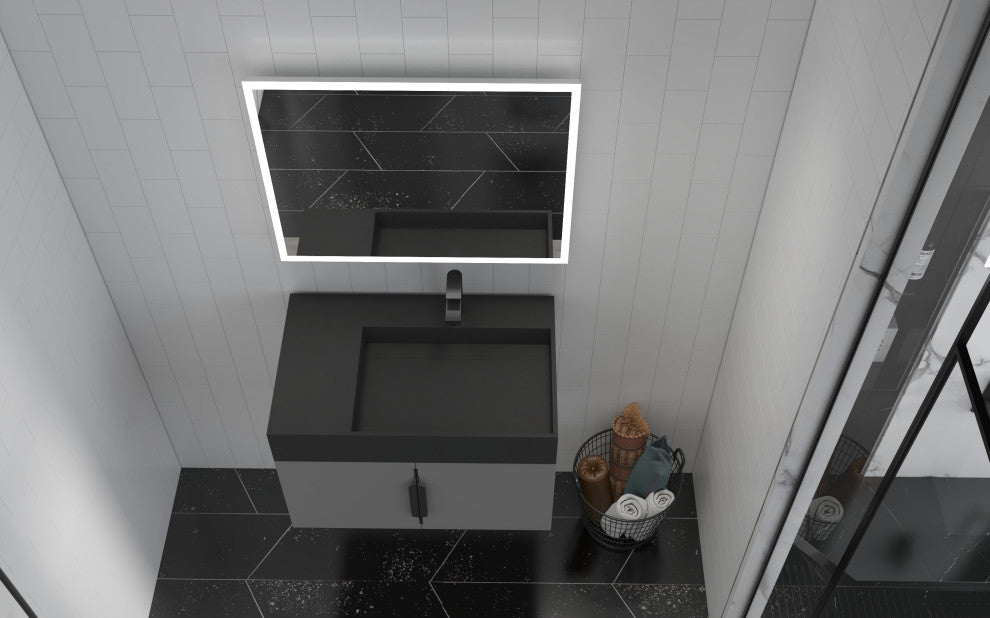 CastelloUSA Amazon 30" Right Wall Mounted Bathroom Vanity Set, Gray, Black Top, Black Handles
