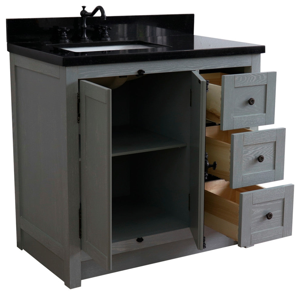 37" Vanity, Gray Ash With Black Galaxy Top, Left Doors/Left Rectangle Sink