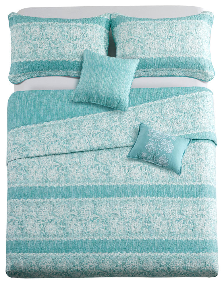 Emma Quilt 5 Piece Sets, Teal, Over-Sized King 122" X 106"