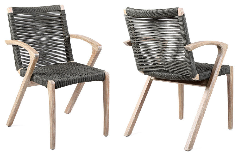 Brielle Outdoor Light Eucalyptus Wood and Charcoal Rope Dining Chairs Set of 2