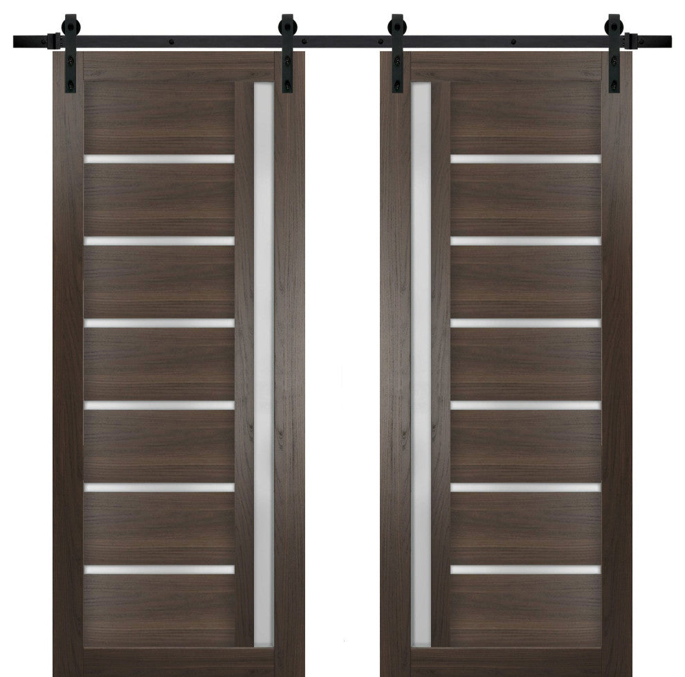 Double Barn Door 72 x 84 Frosted Glass, Quadro 4088 Chocolate Ash, 13' Rail