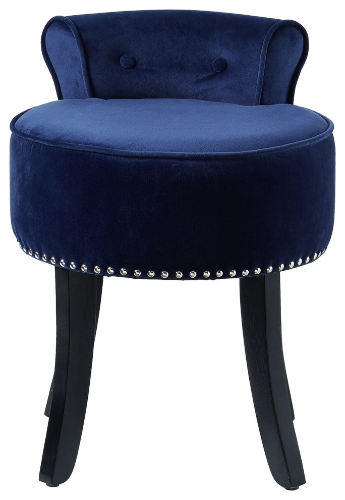 Ludovic Velvet Contemporary Nailhead Trim Rolled Back Vanity Stool, Navy