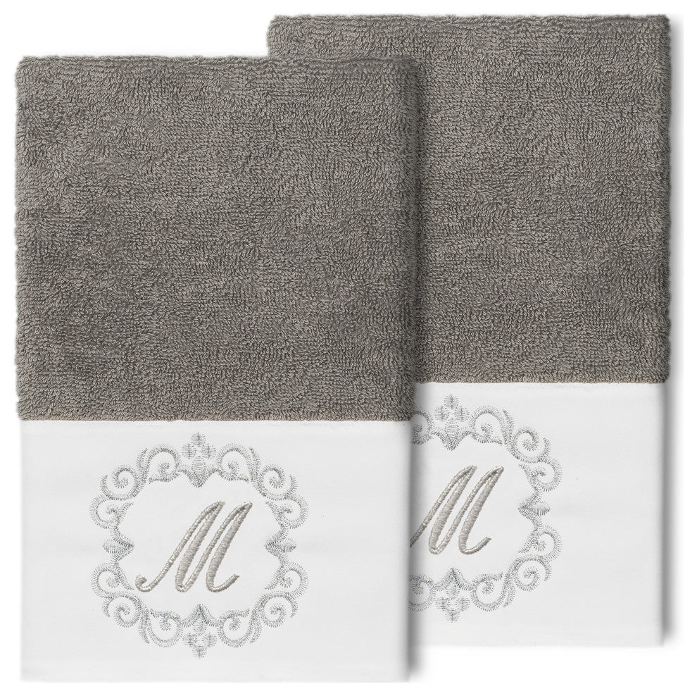 Linum Home Turkish Cotton Monica 2-Piece Embellished Hand Towel Set, Dark Gray