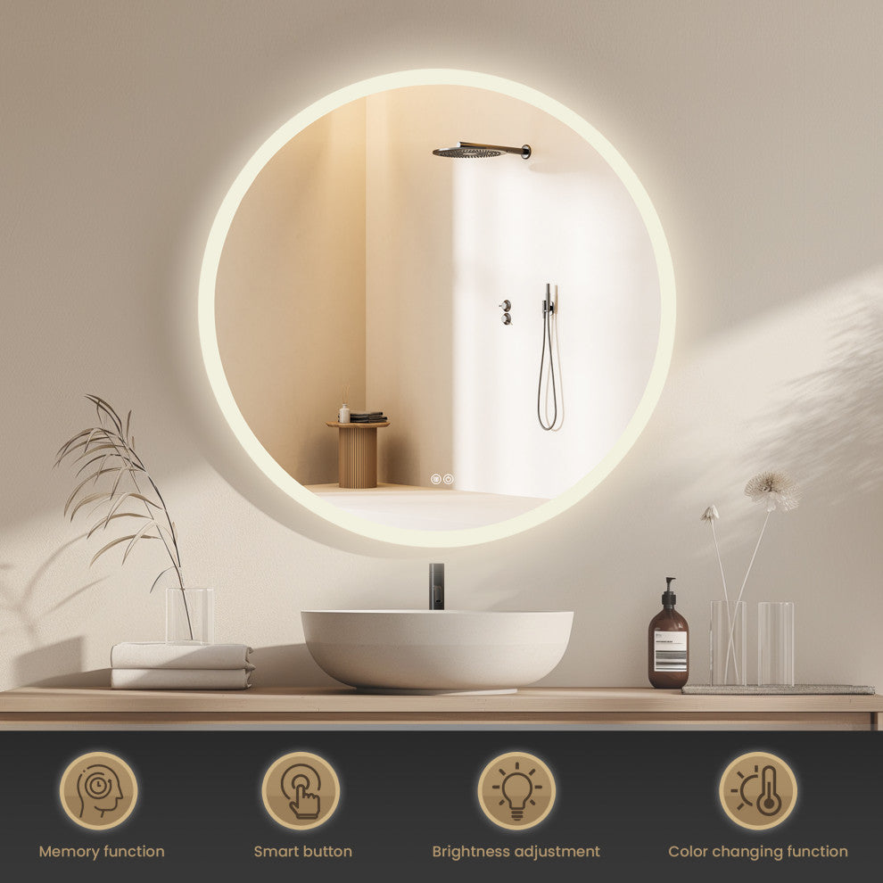 Moscow Circular Frameless LED Wall Bath Vanity Mirror, Acrylic, 36"w X 36"h