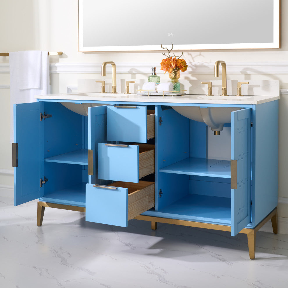 Alison Freestanding Bathroom Vanity with Italian Carrara White Marble Top, Light Blue, 60"
