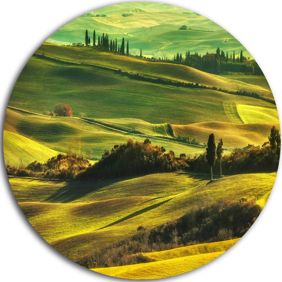 Green Rolling Hills On Misty Sunset, Landscape Round Wall Art, 11"
