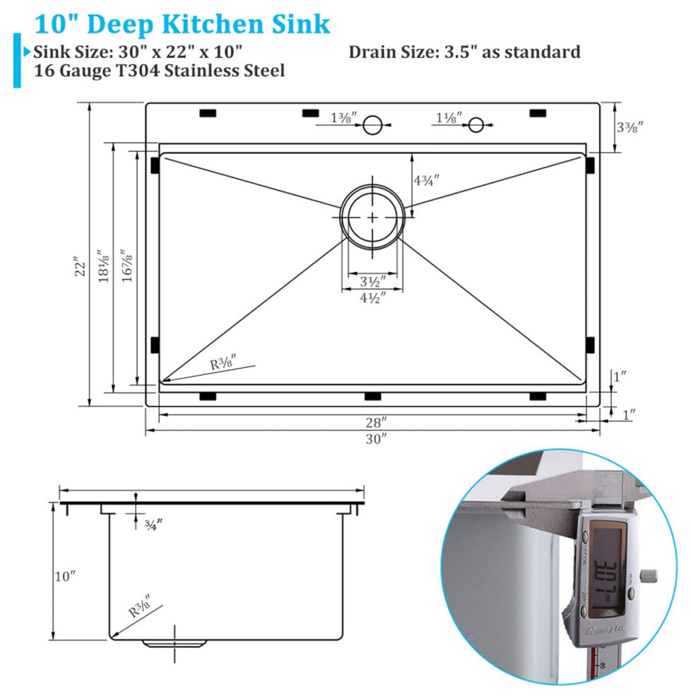 30" double hole single basin undermount kitchen sink