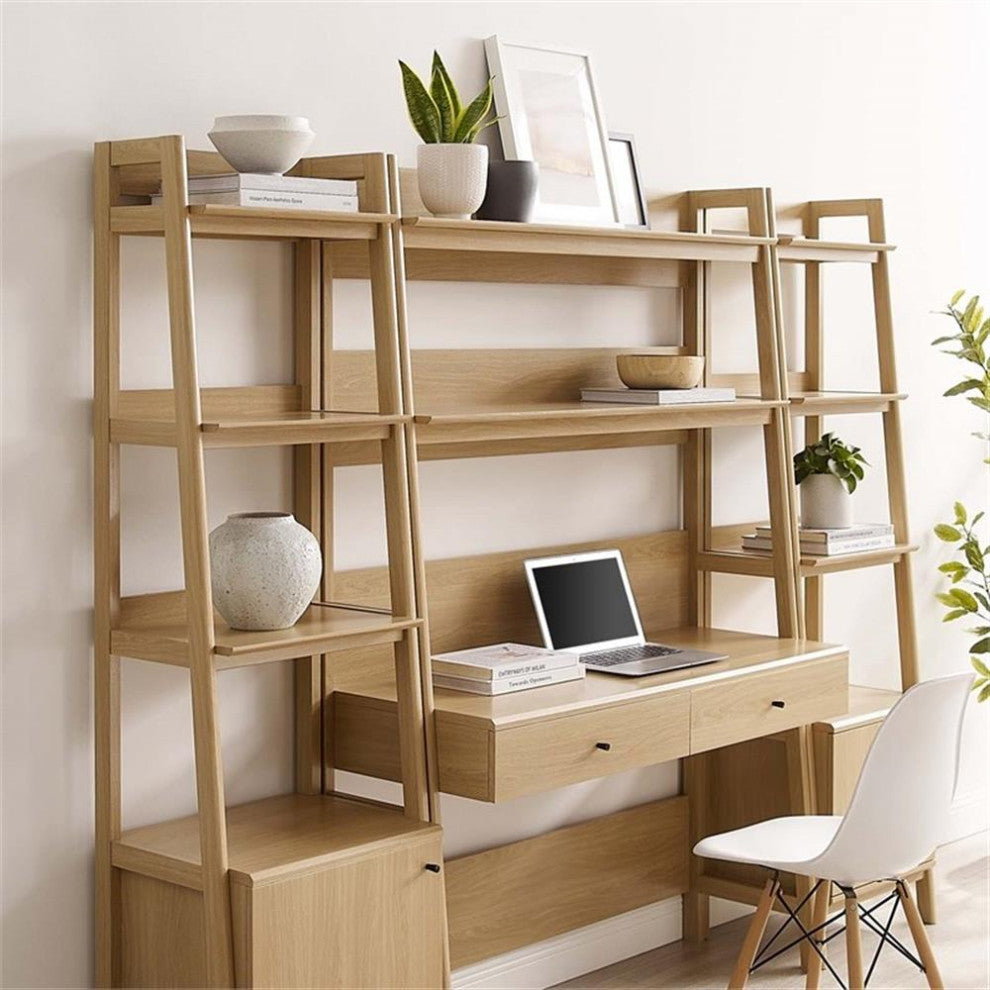 Modway Bixby 3-Piece Modern Style Wood Office Desk and Bookshelf - Oak