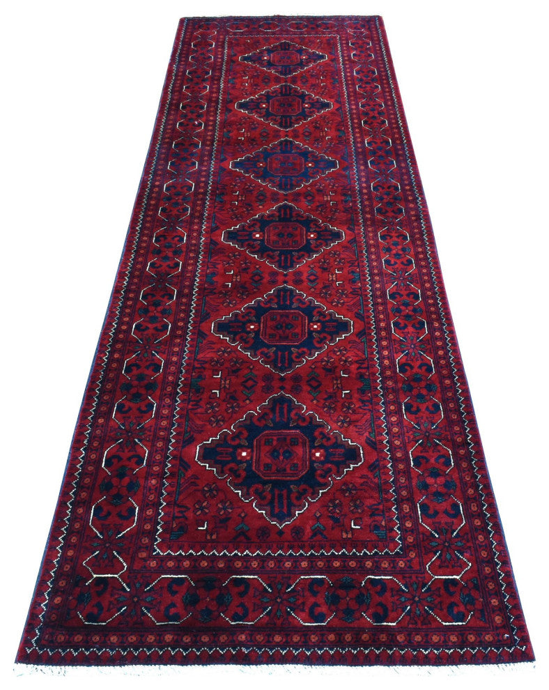 Red Geometric Design Hand Knotted Afghan Khamyab Wool Runner Rug, 3'0"x9'10"