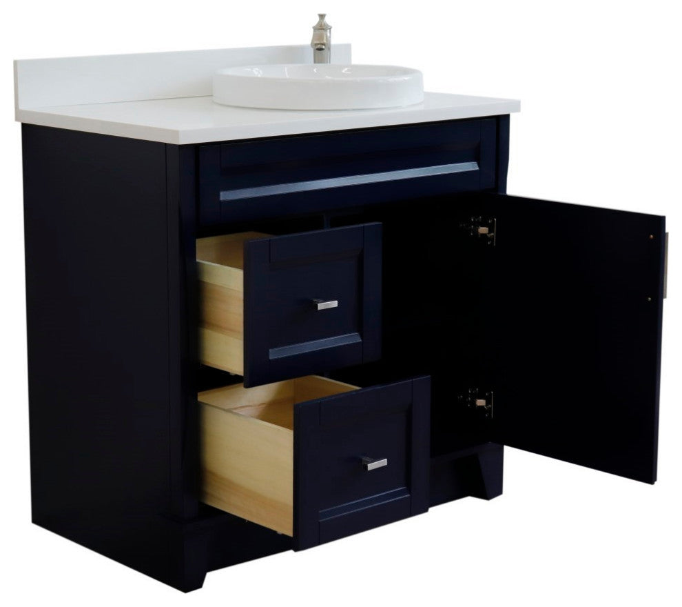 37" Single Sink Vanity, Blue Finish With White Engineered Stone Top