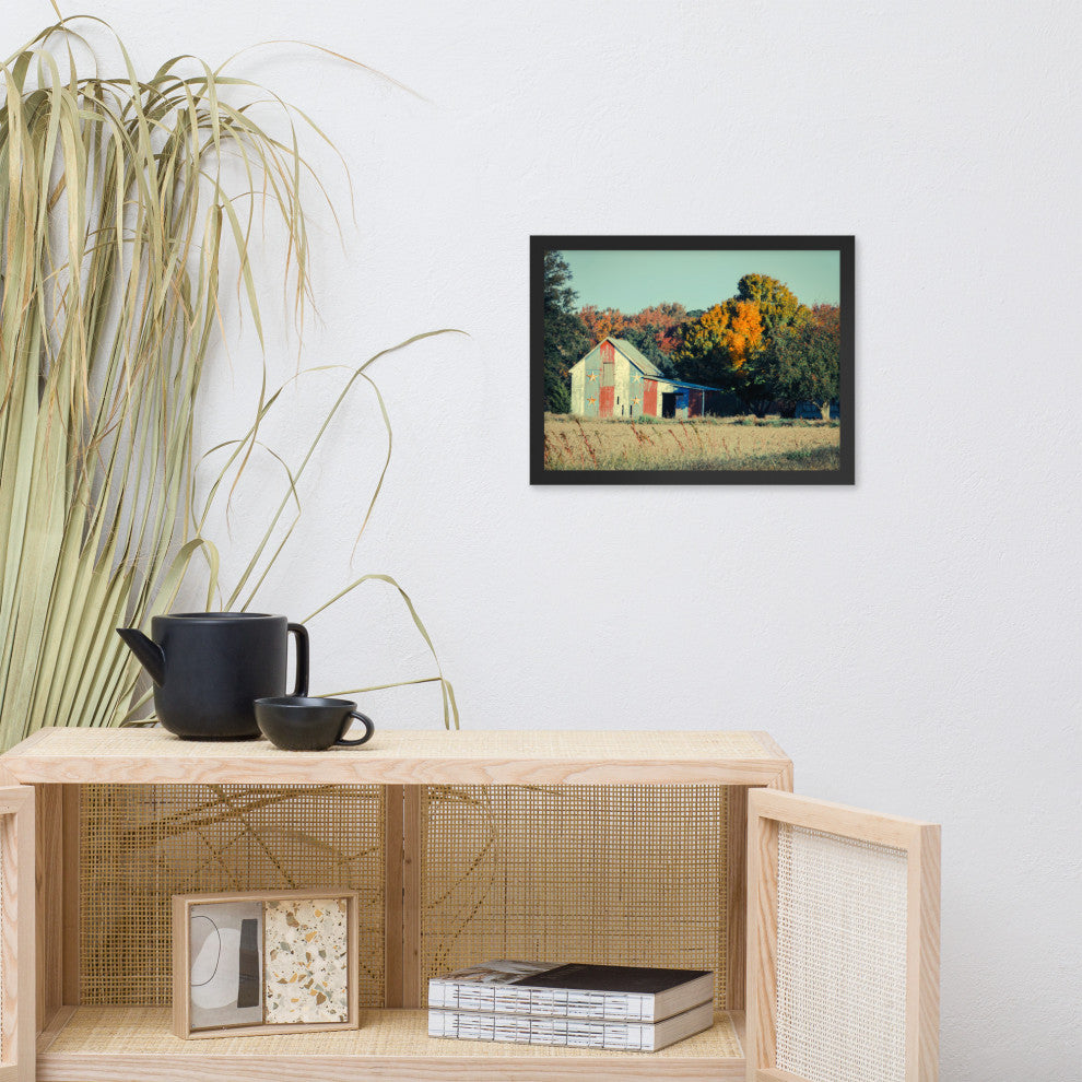 Patriotic Weathered Barn in Field Cross Processed Framed Photo Wall Art Prints, Black, 12" X 16"