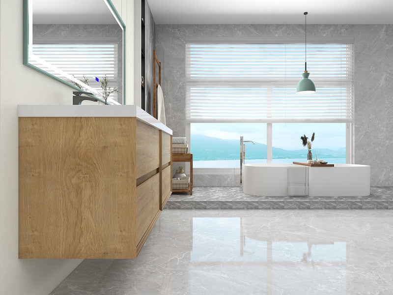 Ashley 72'' Floating Vanity, Acrylic Top, Double Sink, White Oak