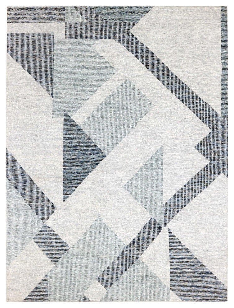 Gray, Geometric Art Nouveau Collection, Pure Wool Hand Knotted Rug, 9'1"x12'3"