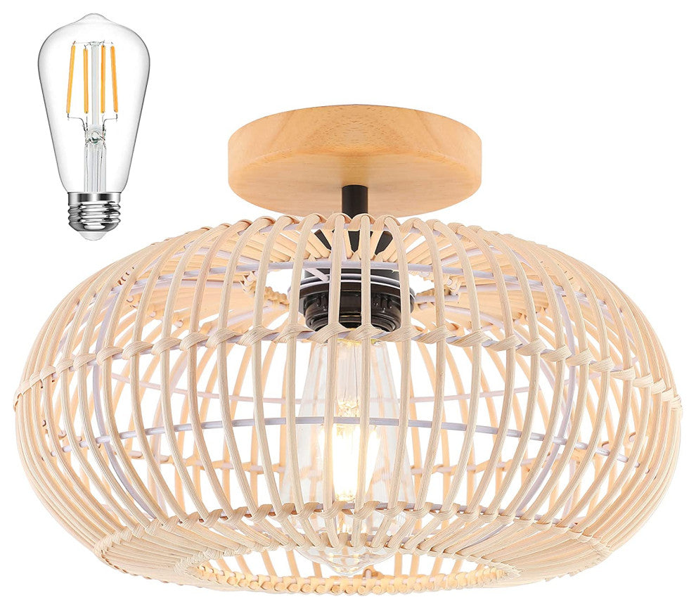 Rattan Semi Flush Mount Ceiling Light, Farmhouse Case Ceiling Lamp