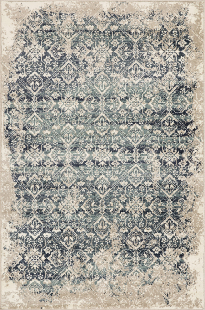 3"x5" Beige Blue Distressed Diamonds Area Rug