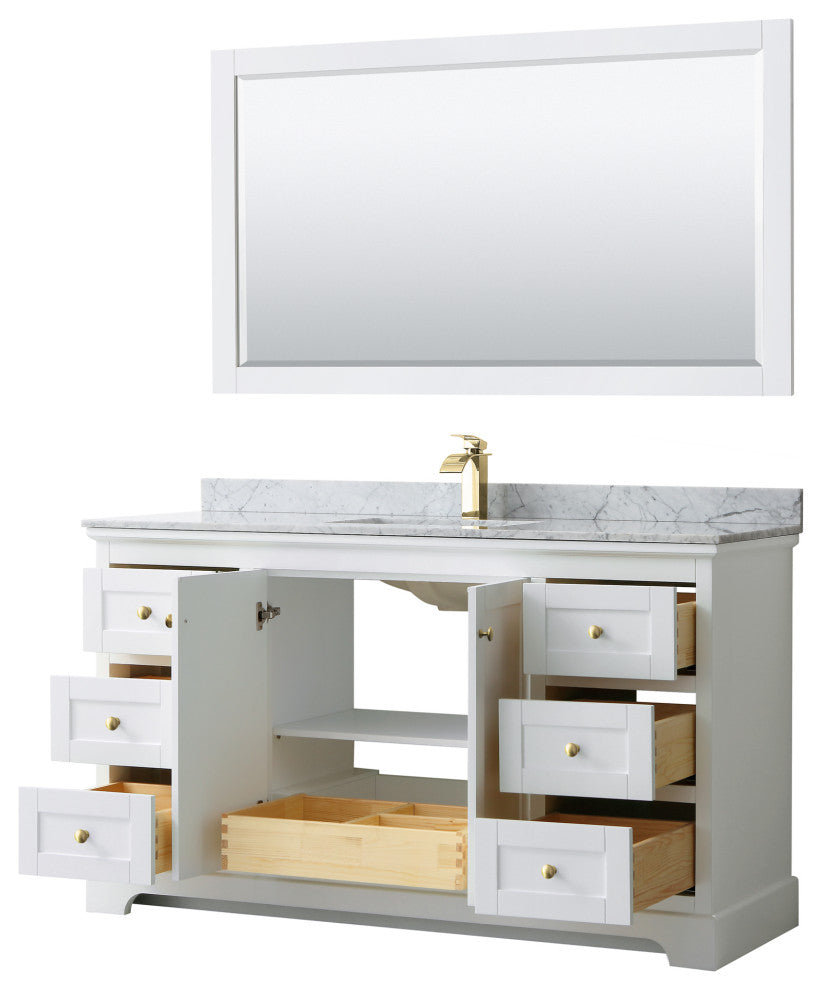 60" Single Bath Vanity, White, Carrara Countertop, Sink, 58" Mirror, Gold Trim