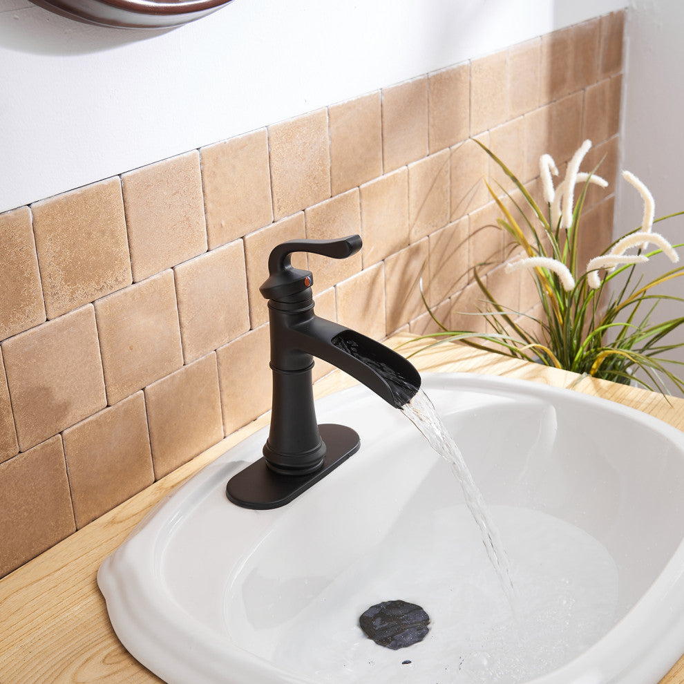 Waterfall Spout Bathroom Sink Faucet with Pop-up Drain, Matte Black