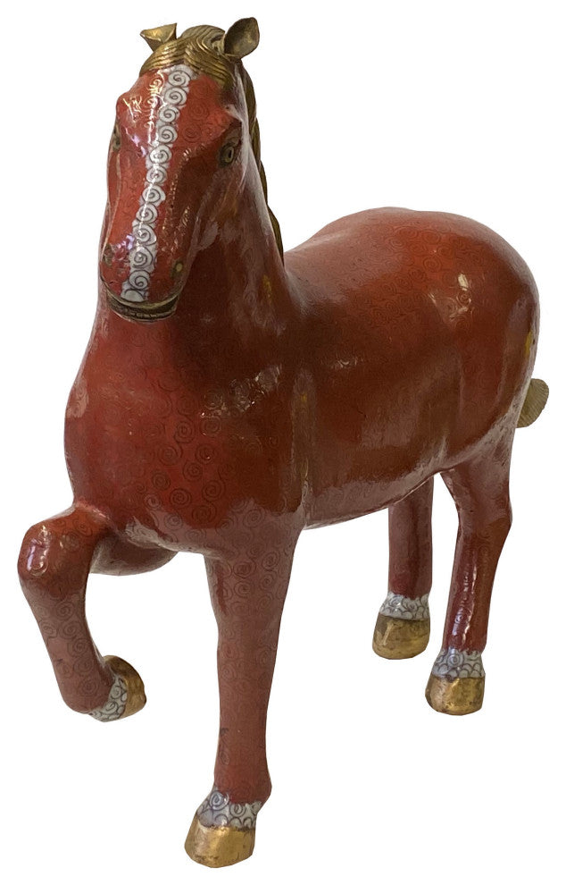Vintage Chinese Metal Brick Red Golden Tail Fengshui Horse Figure Hws3278