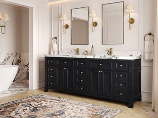 Paris 84" Double Sink Bathroom Vanity, Black 2" Calacatta Black
