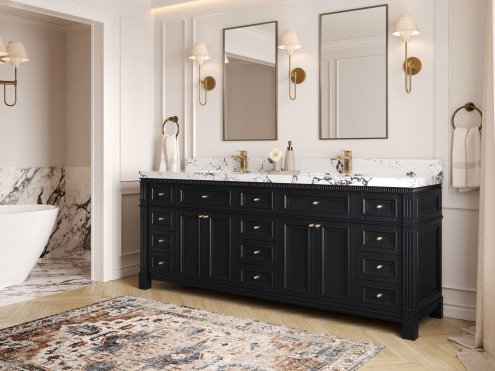 Paris 84" Double Sink Bathroom Vanity, Black 2" Calacatta Black