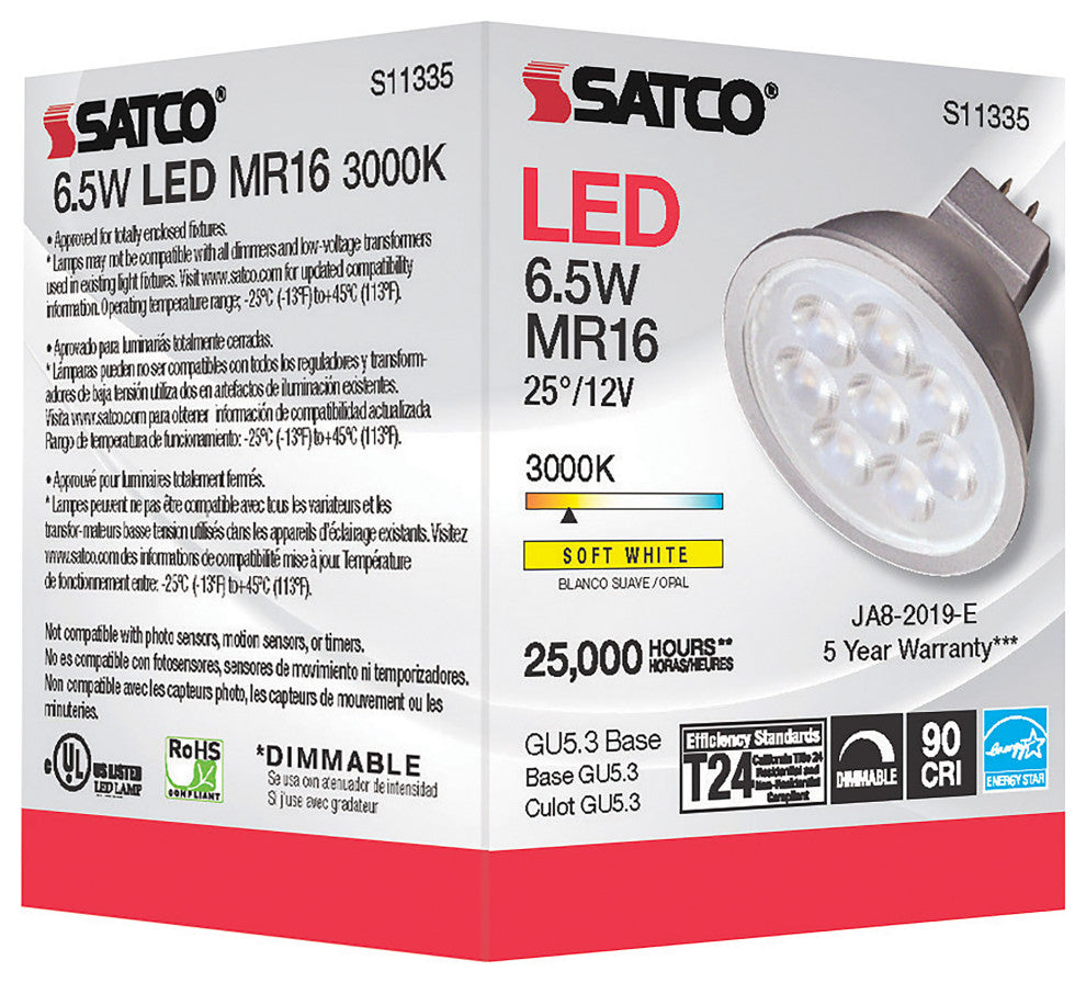 6.5W, MR16 LED, 3000K, GU5.3 Base, 25 deg. Beam Angle, 12V