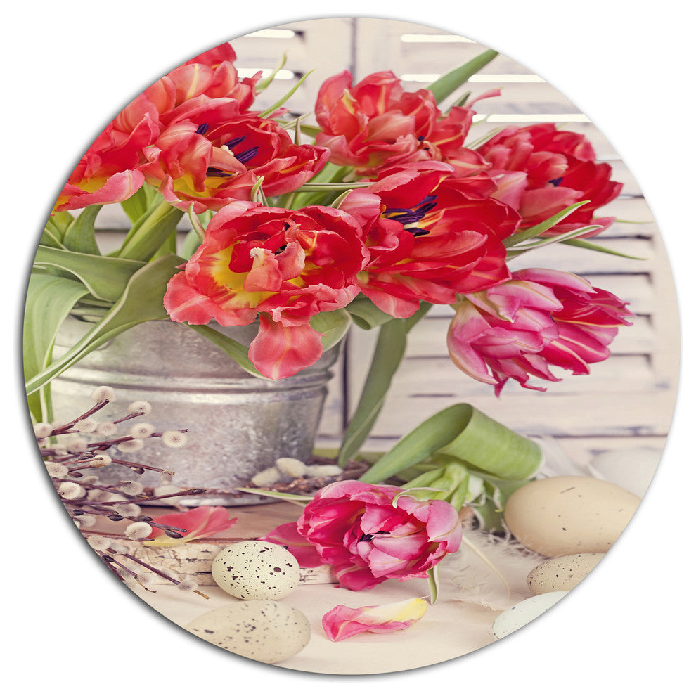 Tulip Flowers And Easter Eggs, Floral Round Wall Art, 11"