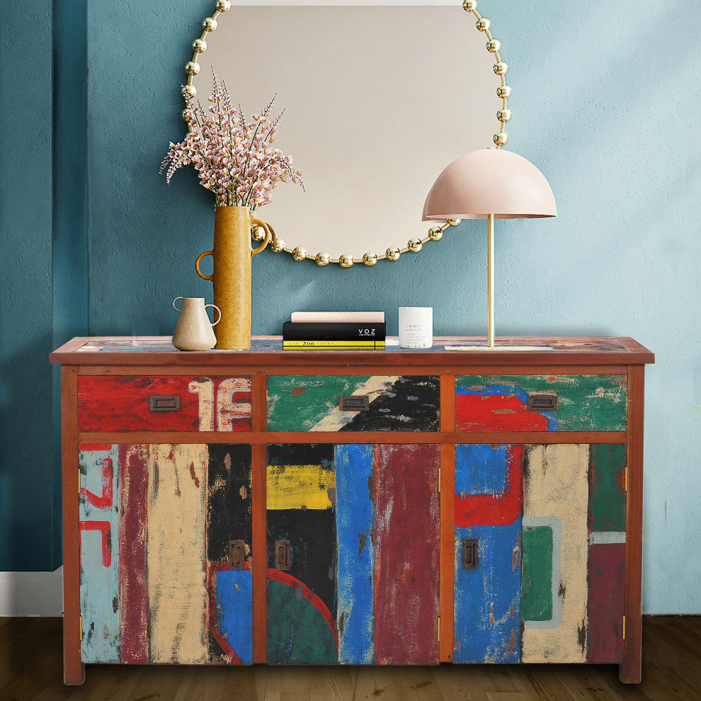 Buffet with 3 Doors and 3 Drawers Made from Recycled Teak Wood Boats, 63" Wide