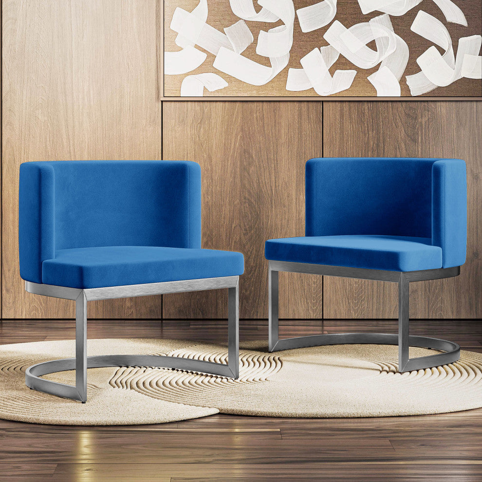 Velvet Dining Chair w/ Chrome Stainless Steel Base - Blue