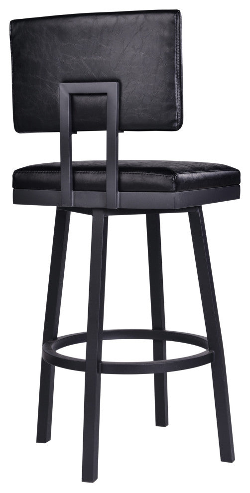 26" Vintage Black on Black Faux Leather Rectangular Swivel Armless Bar Stool