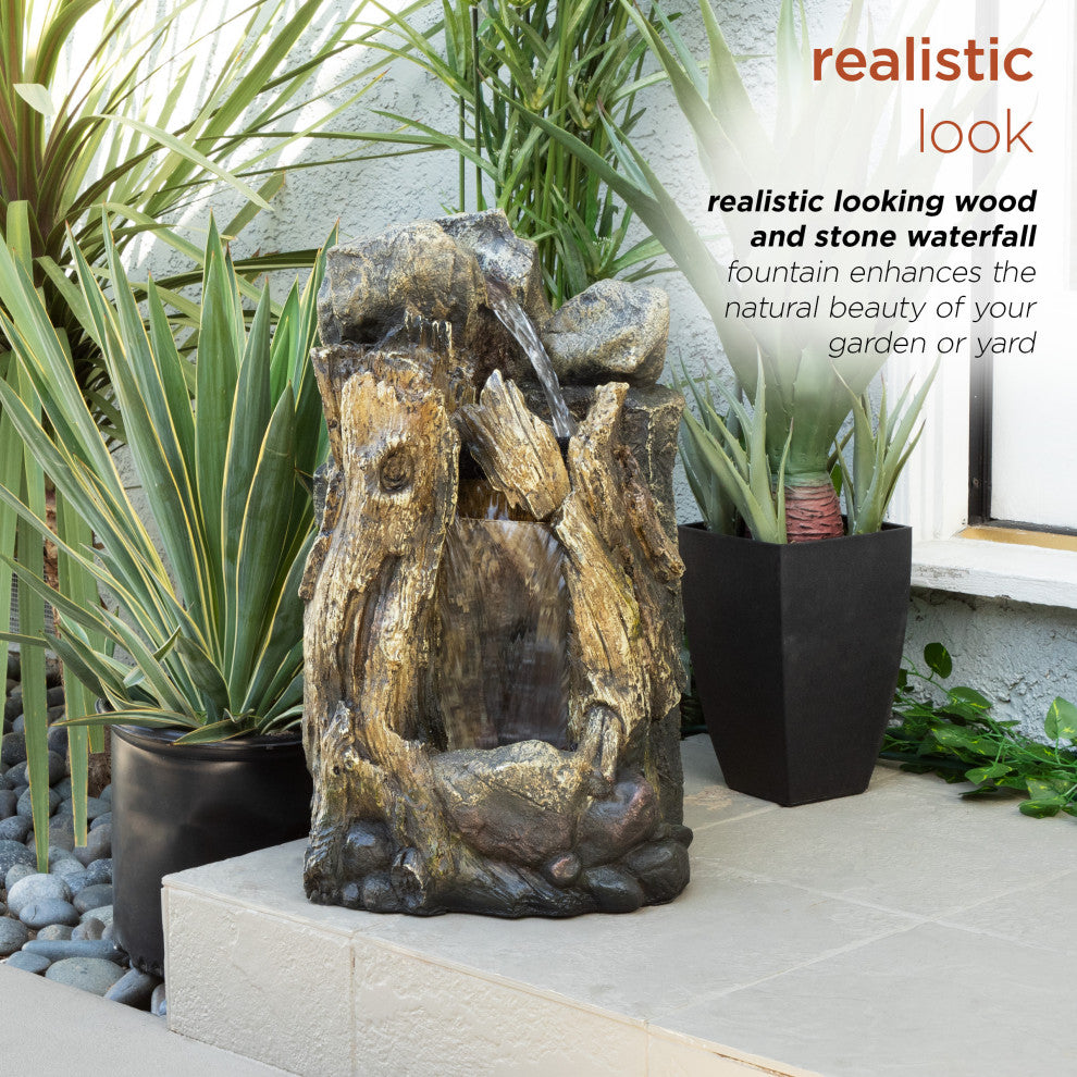 Alpine Rainforest Waterfall Tree Trunk Fountain With LED Lights, 22" Tall