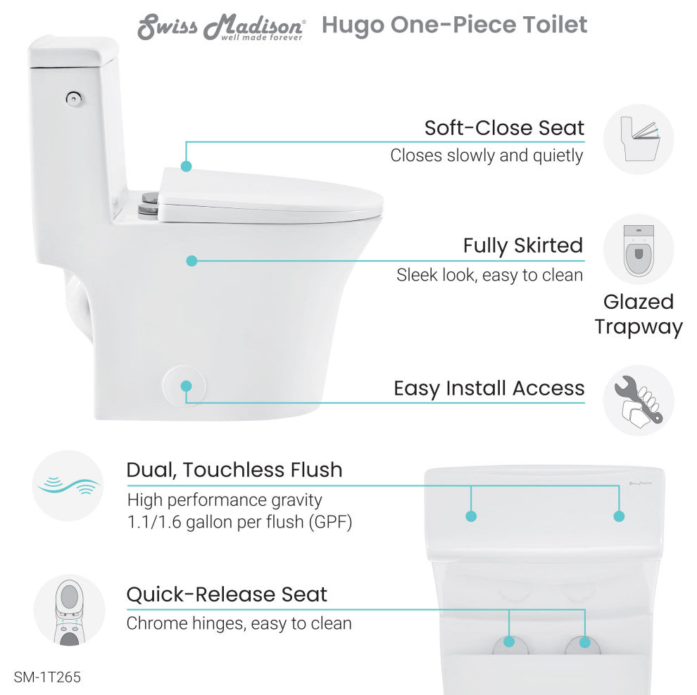 Hugo One Piece Elongated Toilet, Touchless