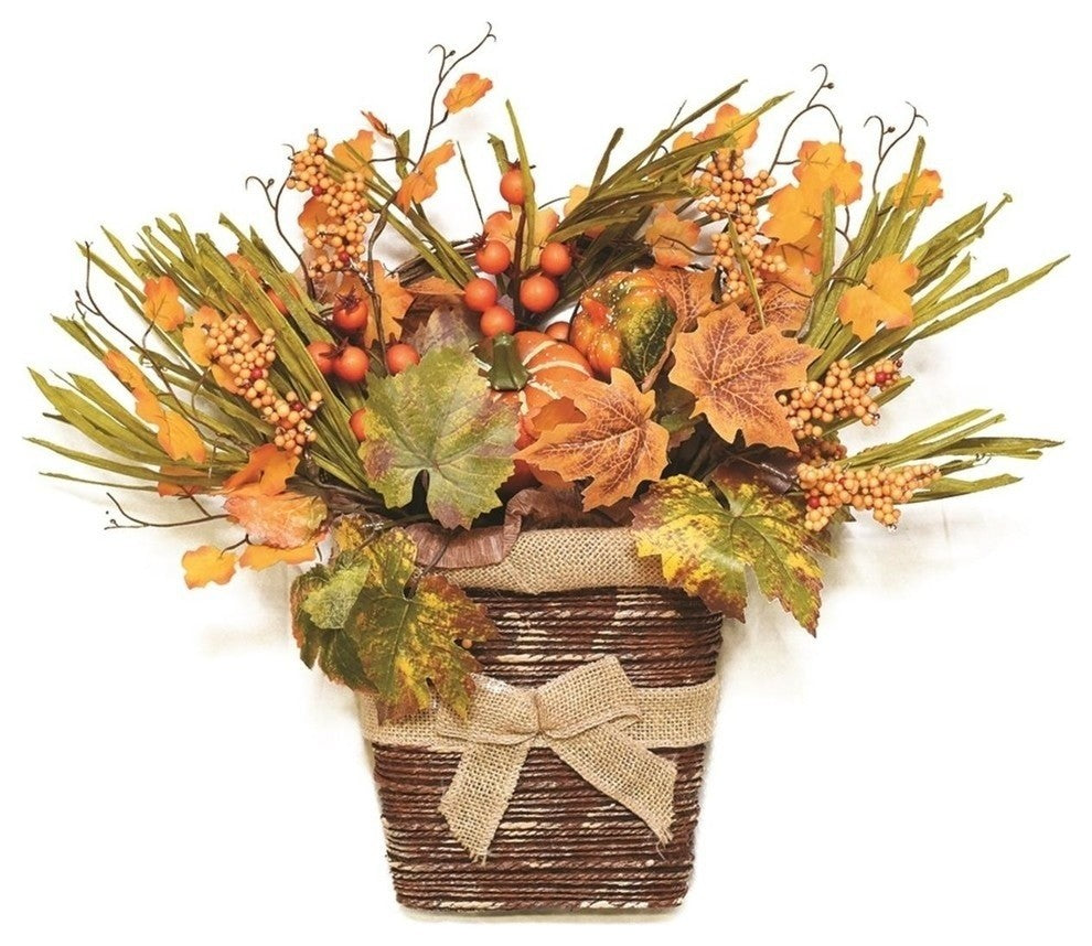 18" Pumpkins Berries Leaves and Grass Wall Mounted Basket Decor