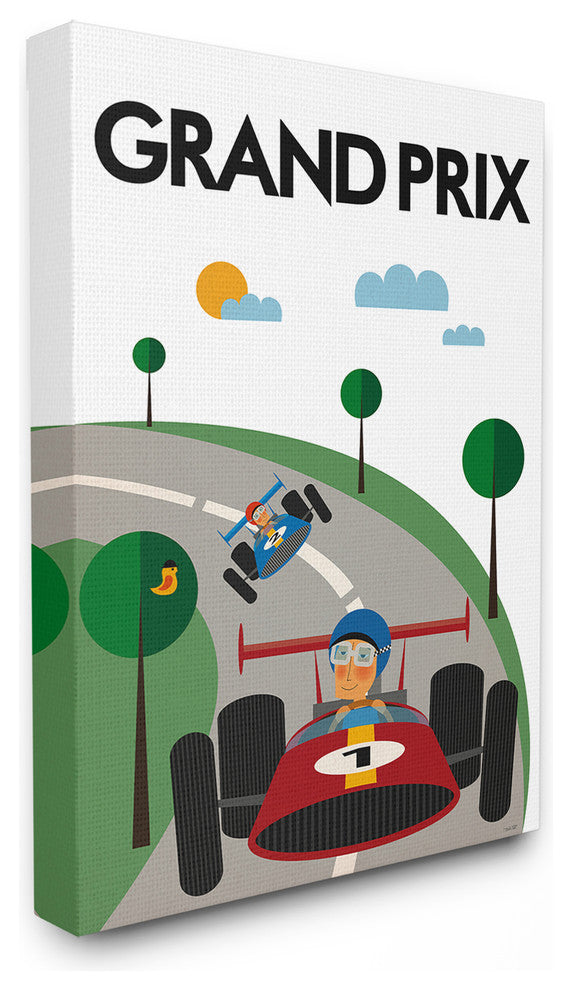 Green Orange Blue and Red Grand Prix Minimal Mod Race Cars Canvas, 30"x40"