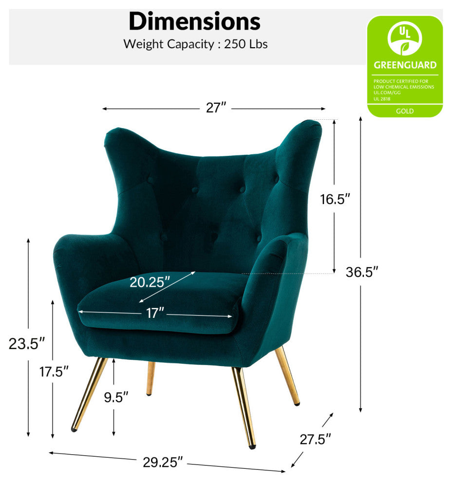 Tufted Accent Chair With Golden Legs, Teal