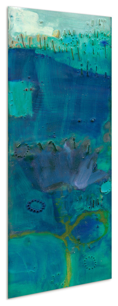 "Reedy Blue III" Abstract Wall Art Unframed Free Floating Tempered Glass 63x24