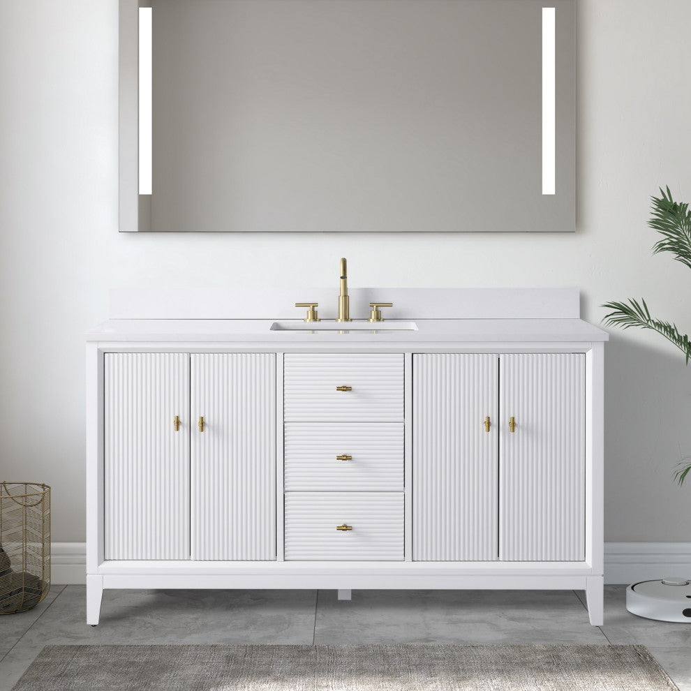 Vanity Art Bathroom Vanity with Engineered Marble Top and Sink, White, 60", Golden Brushed